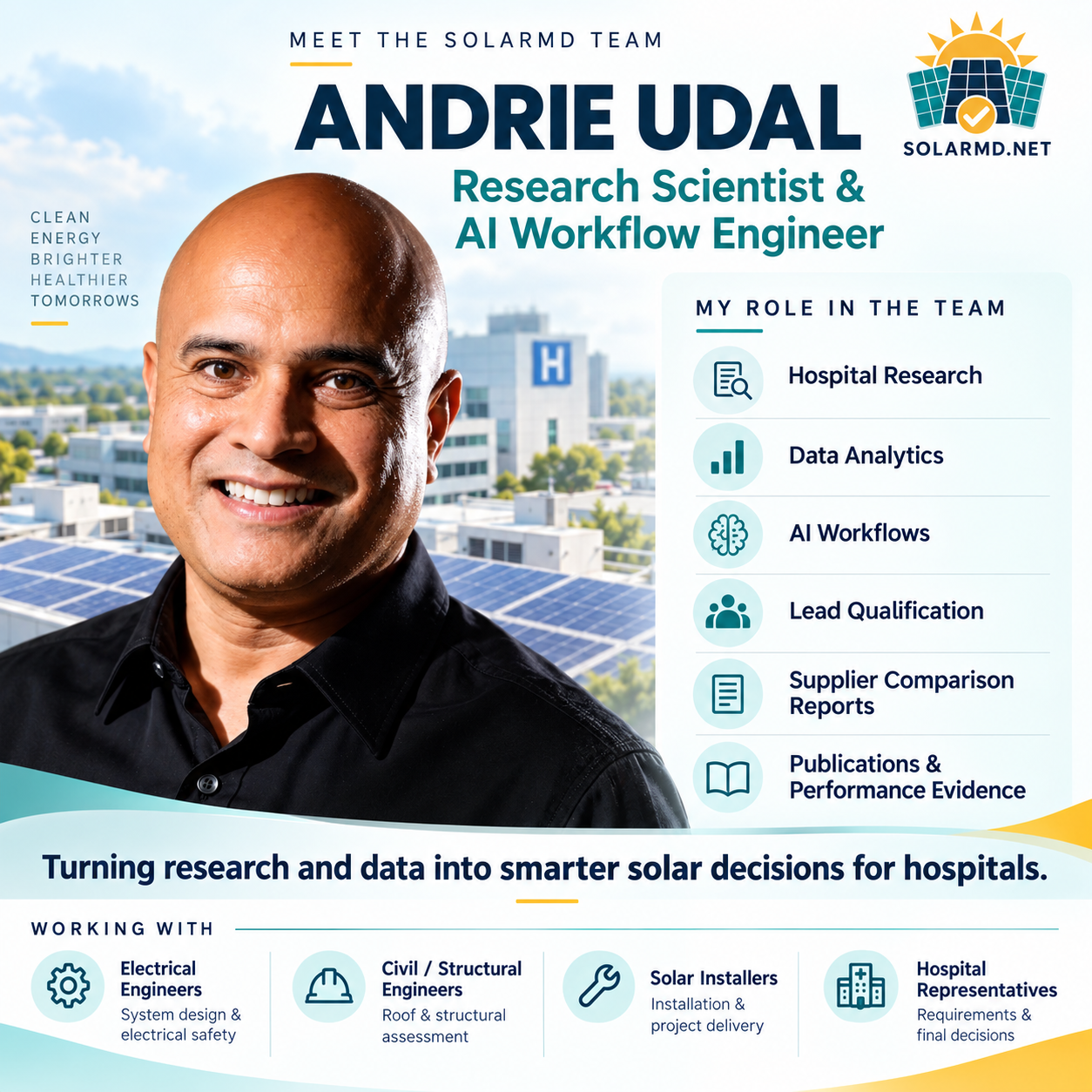 SolarMD team profile of Andrie Udal, Research Scientist and AI Workflow Engineer: hospital research, data analytics, AI workflows, lead qualification, supplier comparison reports, publications and performance evidence.