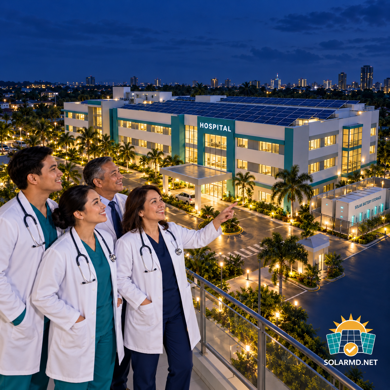 SolarMD illustration of healthcare professionals overlooking a hospital with rooftop solar panels and battery storage